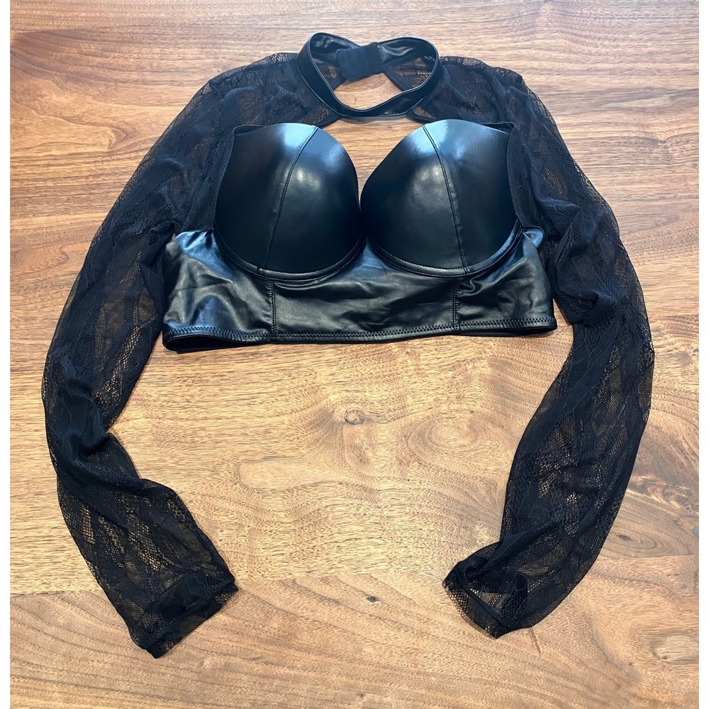 Dreamgirl Black Faux Leather Lace Long‎ Sleeve Bustier Crop Top XL Goth Womens